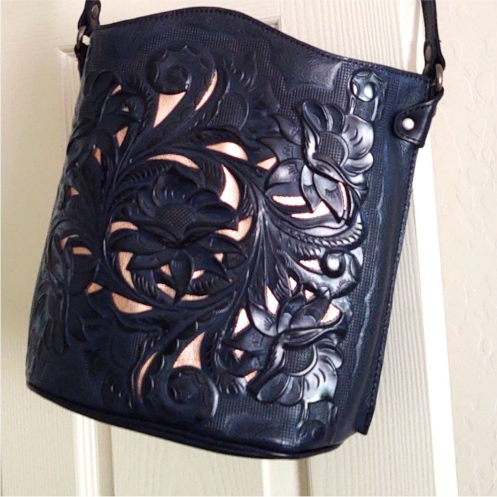 Patricia Nash Blue Tooled Leather Floral Crossbody with Cream Underlay